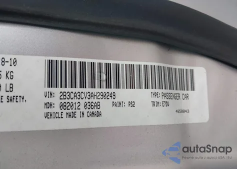 2010 Dodge Charger Sxt z USA, uszkodzony, nr VIN 2B3CA3CV3AH290249